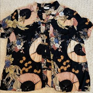Clio Black Button-Down Shirt with Multicolor Floral & Fan Print